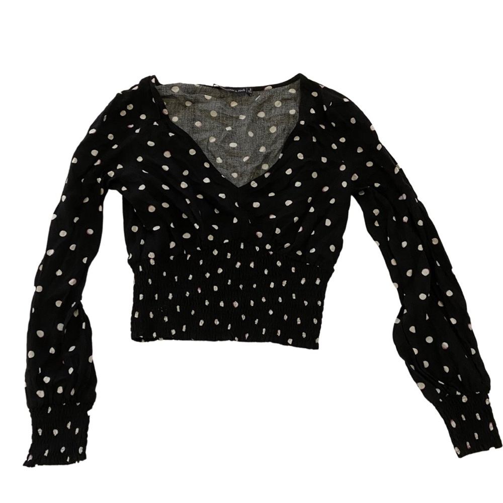 Black Abercrombie Polka Dot V-Neck With Puff Sleeves & Elastic Stitching (small)